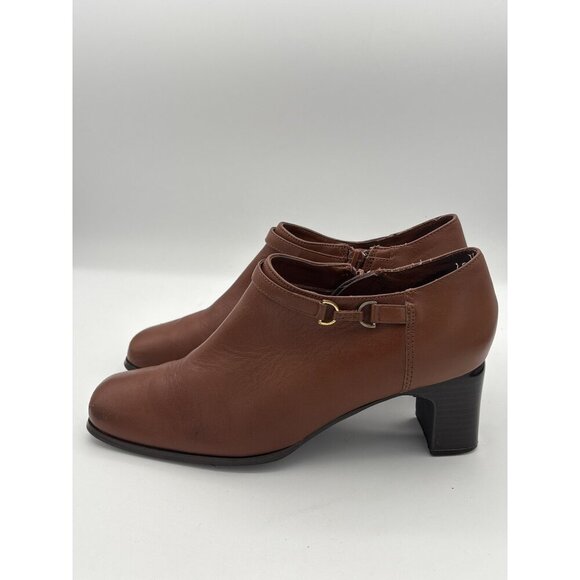 Women’s AJ Valenci Size 7 Brown Leather Heeled Ankle Boots with Gold Side Buckle - Picture 3 of 6
